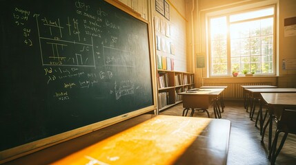 A clean chalkboard filled with equations and diagrams in a sunny classroom