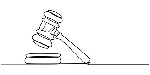 Gavel Continuous Line Icon, Continuous one line drawing of judge wood hammer. Minimalist linear design isolated on white background. Justice concept. Trendy vector illustration, One continuous single.