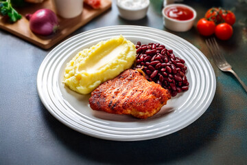grilled chicken steak with beans and mashed potato