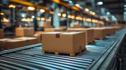 Boxes on Conveyor Belt in Modern Warehouse, Showcasing Efficient Distribution System and Logistics Operations with Blurred Background Lights Enhancing Industrial Atmosphere
