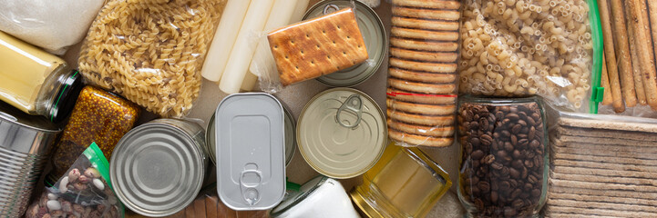 Canned goods, cereals, and pasta stored for quarantine and isolation, ensuring long-term survival...