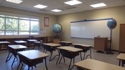 A clean classroom setup with a globe, whiteboard, and rows of empty desks