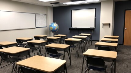 A clean classroom setup with a globe, whiteboard, and rows of empty desks
