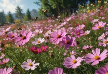 Fototapeta premium A swarm of bees flying around a garden filled with Cosmos caesia flowers, collecting nectar and pollen , flowers, flight