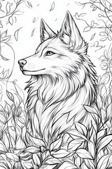 Obraz premium Detailed line art features a majestic wolf quietly observing its surroundings amidst vibrant foliage, emphasizing the connection between wildlife and nature