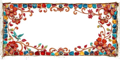Ornate Floral Frame with Colorful Stones and Bird