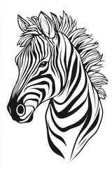 Fototapeta premium A striking black and white illustration of a zebra highlights its unique striped patterns and noble characteristics, capturing natural beauty and grace