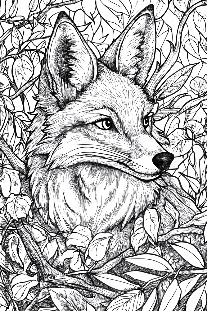 Wall mural a fox is nestled in a thicket of leaves and branches, showcasing its striking features and alert exp