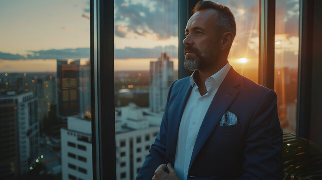 A stylish businessman in a modern high-rise building, standing by a window with an urban backdrop, confident, refined, sophisticated, city view, compact camera, wide-angle lens, dusk.