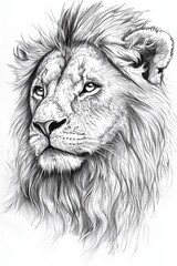 This striking portrayal of a lion captures its powerful presence through detailed pencil work, highlighting the rich textures of its mane and intense gaze