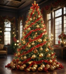 A stunning Christmas tree is adorned with intricate golden ornaments and crimson ribbons that shimmer in the light, shining, gold