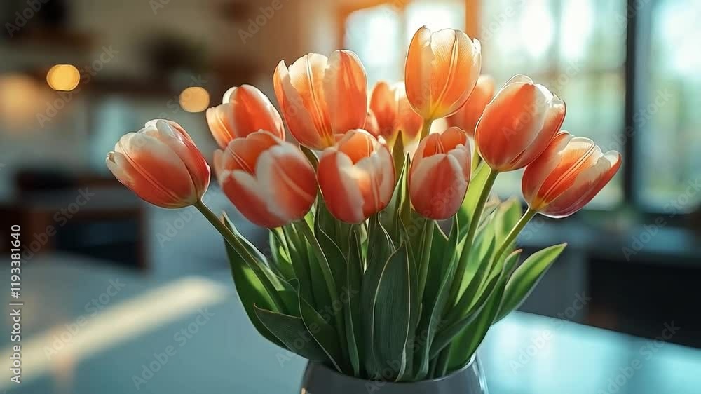 Poster a vibrant bouquet of orange and white tulips sits elegantly in a kitchen. the warm sunlight streams 