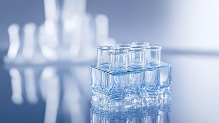 A collection of glasses filled with clear water arranged neatly on a surface, highlighting their transparency and the reflections they create.