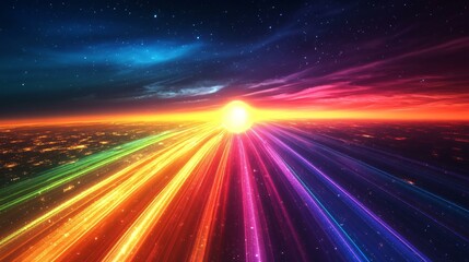 Multicolored energy beams converging into a glowing cosmic sphere floating above a distant horizon