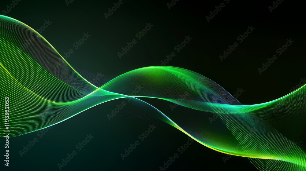 Poster abstract technology background with glowing green waves, creating dynamic and modern visual effect. 
