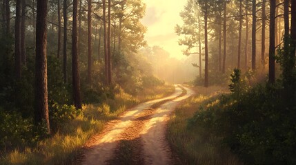 Fototapeta premium Golden Sunlight Illuminates Forest Path Winding Through Trees