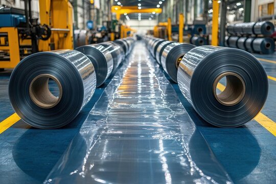 industrial setting showcasing rolls of polyethylene film in various widths, emphasizing versatility and application in manufacturing, with clear details and a clean layout presenting functionality