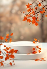 Autumn display, white pedestal, vibrant orange leaves, product showcase, soft focus background, warm lighting, cylindrical platform, seasonal decor, falling foliage, minimalist presentation