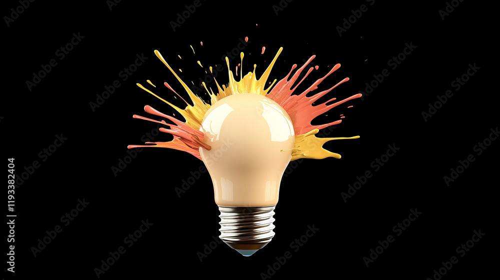 Poster illuminated light bulb bursting with vibrant paint splashes creates striking visual effect. dynamic 