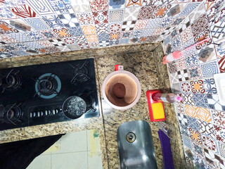 Preparing Brazilian breakfast. Top view coffee powder.