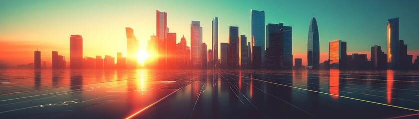 Stunning Sunset Over a Modern City Skyline with Reflections on Water Surface.