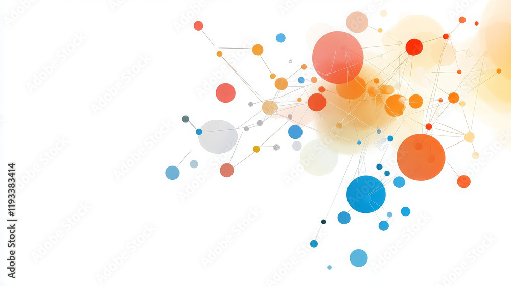Poster dynamic abstract representation of colorful particles and connections, showcasing blend of red, blue
