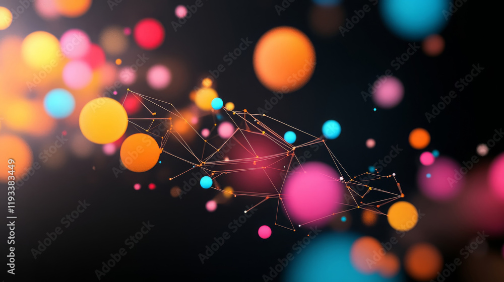Poster dynamic particle swarm representation with colorful bokeh effects creates vibrant and engaging visua
