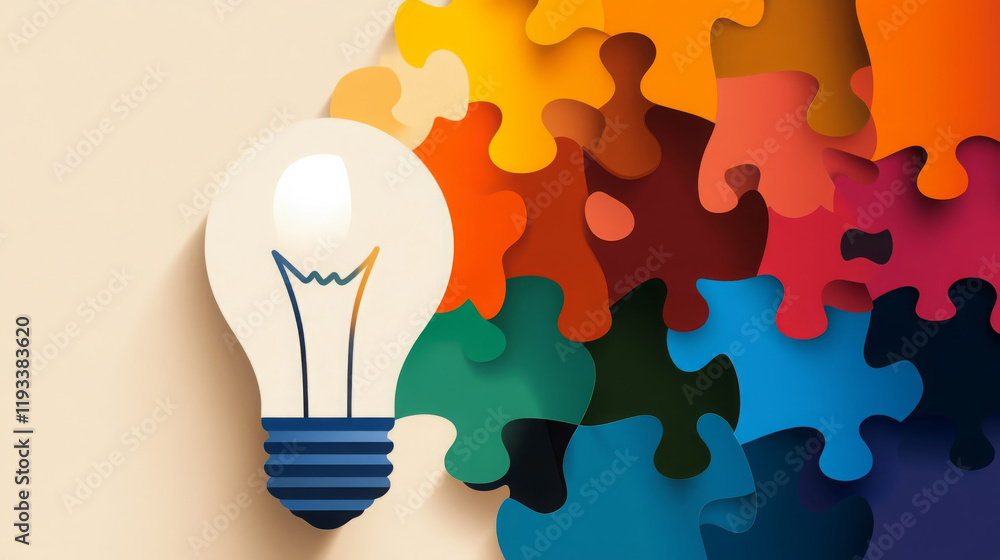 Poster light bulb symbolizes creativity and innovation, surrounded by colorful puzzle pieces representing c