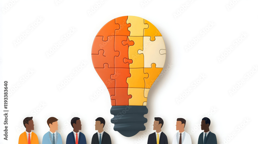 Poster creative business team collaboration with puzzle light bulb symbolizing ideas and innovation. divers