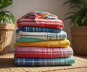 A stack of striped towels folded and arranged artfully on a wicker table, folded towels, wicker furniture