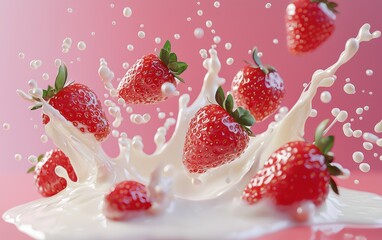 A dynamic splash of milk with vibrant strawberries floating mid-air on a pastel pink background