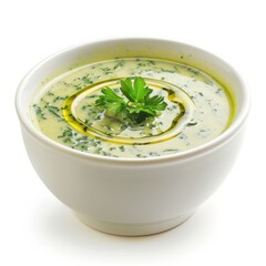 A bowl of creamy spinach and artichoke soup with a drizzle of olive oil, isolated white background, contemporary art style