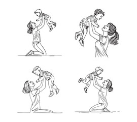 Happy mom with her little son in continuous line art drawing style.Mother holding her male child up in the air. Black linear sketch isolated on white background