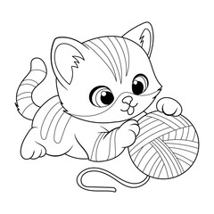 smiling kitten with a ball of yarn coloring page for kids