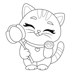 smiling kitten with flower coloring page for kids