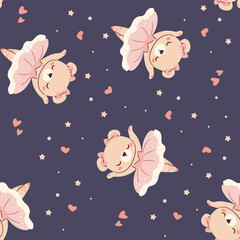 Seamless vector pattern in a simple childish style. Cute bear in ballerina costume dancing on dark background . Vector illustration