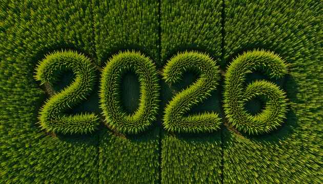 an aerial view of a green field, happy new year 2026 concepts a future event or milestone in 2026  