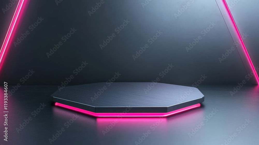 Poster modern hexagonal platform with neon pink lighting against dark background, creating futuristic atmos