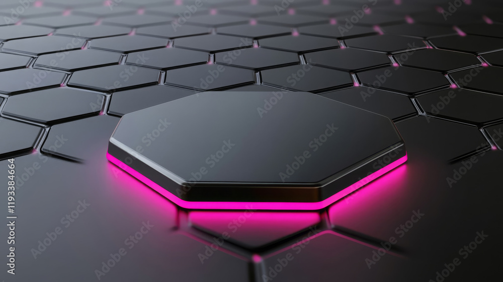 Poster modern dark hexagonal titanium plate with neon pink glow on hexagonal background creates futuristic 