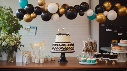 A clean graduation party setup with banners, a themed cake, and photo props