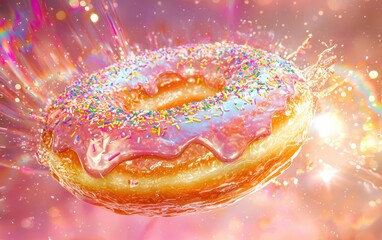 Obraz premium A flying glazed donut with rainbow sprinkles, hovering against a vibrant pink background