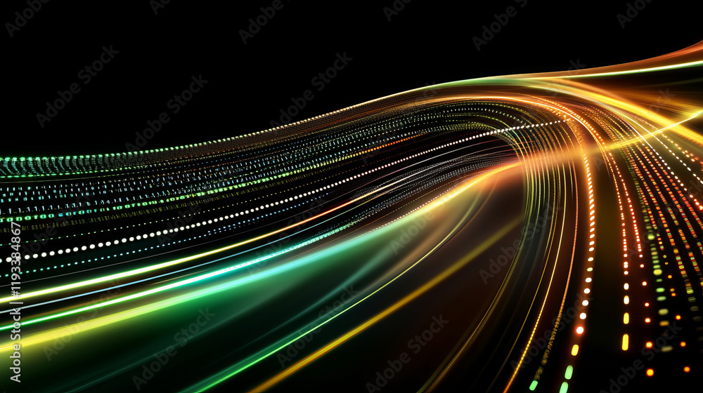 Poster vibrant digital wave with colorful light trails and glowing dots, creating modern abstract backgroun