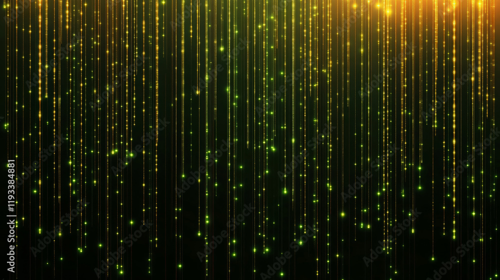 Poster shimmering green and gold lights create mesmerizing digital backdrop, evoking sense of wonder and en