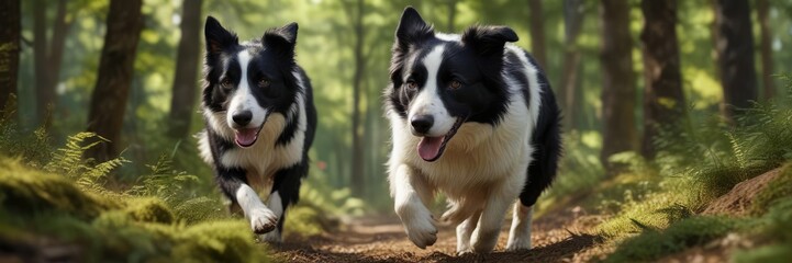 An action shot of a border collie running with its head down through dense forest, dog on the run, outdoor escapades