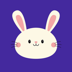 Cute white bunny rabbit hare silhouette icon. Smiling face head. Pink cheeks. Kawaii cartoon funny baby character. Happy Easter. Valentines Day. Greeting card. Blue background. Flat design. Vector