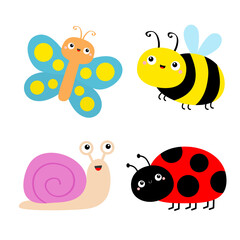 Insect icon set. Flying butterfly, bee bumblebee, lady bug ladybird, beetle, snail cochlea. Cute cartoon kawaii funny character. Valentines Day. Childish style. Flat design. White background. Vector