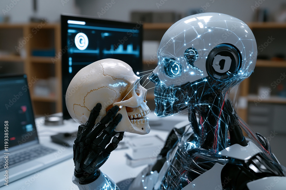 Poster futuristic ai robot examining a human skull in a modern laboratory