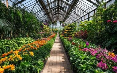 A bright greenhouse interior filled with rows of vibrant green vegetables and colorful flowers growing in neatly organized beds