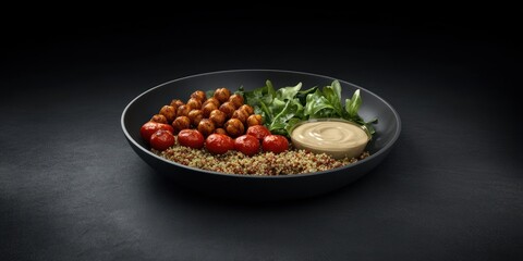 Vibrant Healthy Quinoa Salad with Fresh Vegetables and Creamy Dressing on Dark Background