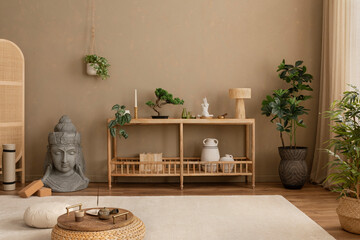 Earthy-toned interior with a Buddha statue, wooden decor, and natural light. A calm and balanced...